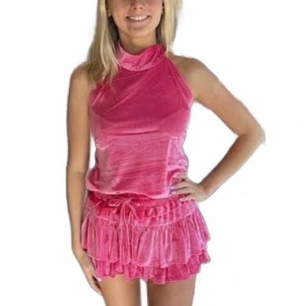 SHUG Womens Pink Velvet Halter Top Large Y2k Preppy Cherry Girl Balletcore